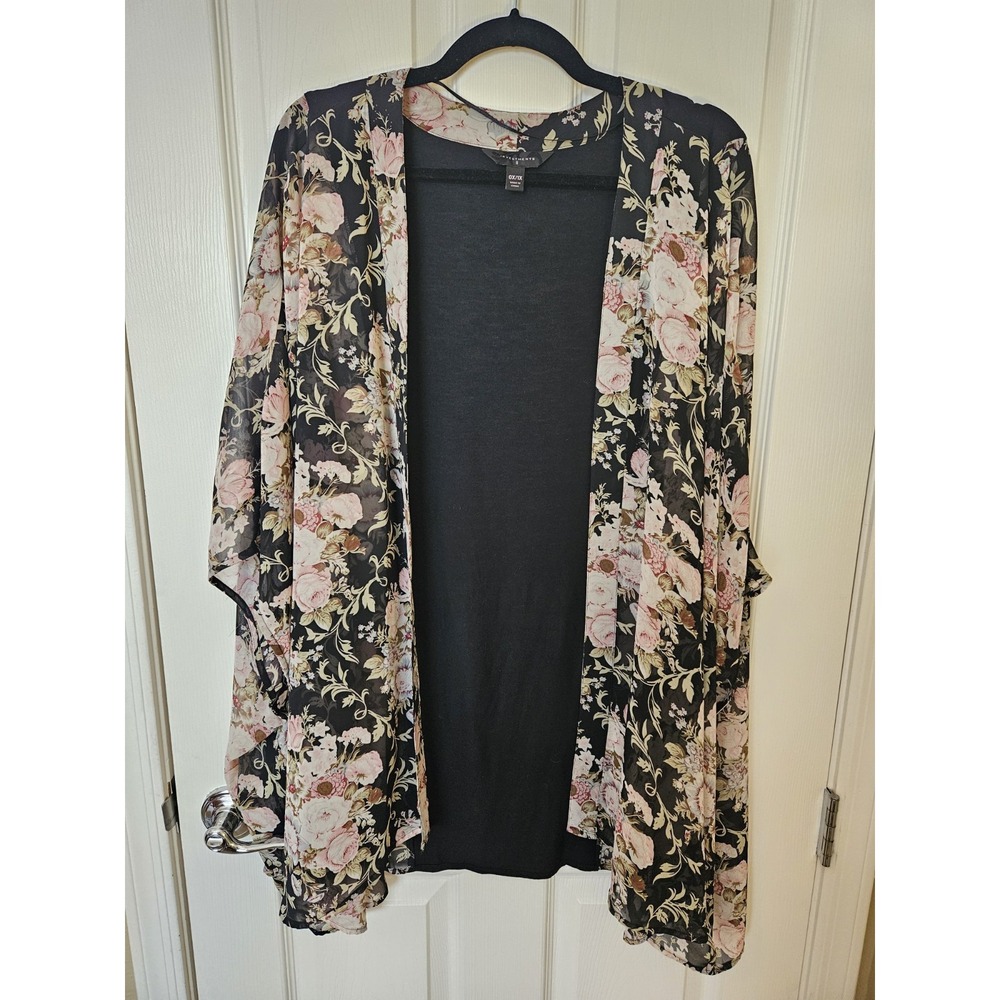 Investments II Black Floral Sheer Kimono Cover-Up Open Front Cardigan, Plus 1X
